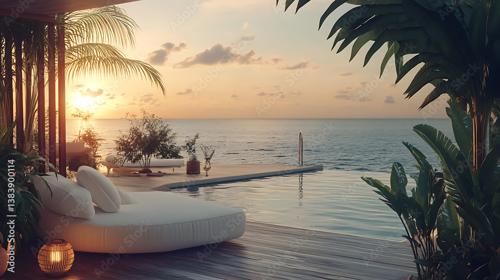 Poster a terrace with an ocean view with a white lounge by the pool