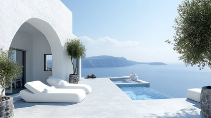 A terrace with an ocean view with a white lounge by the pool