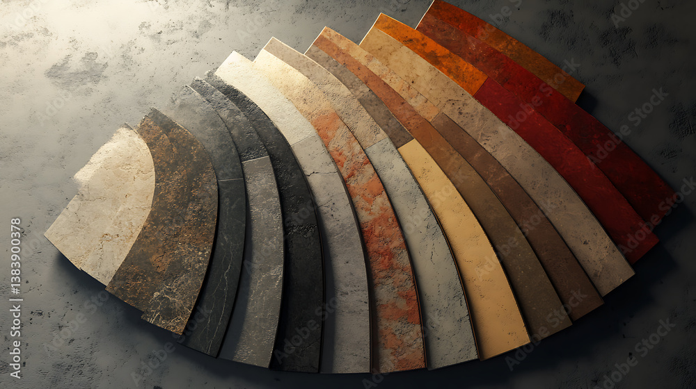 Poster A variety of stone and tile samples in different colors and textures arranged in a semi-circle, showcasing options for floor design