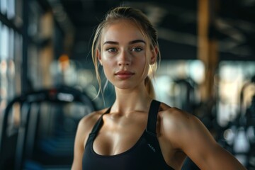 Fototapeta premium Portrait of a young female caucasian fitness trainer in workout attire at the gym