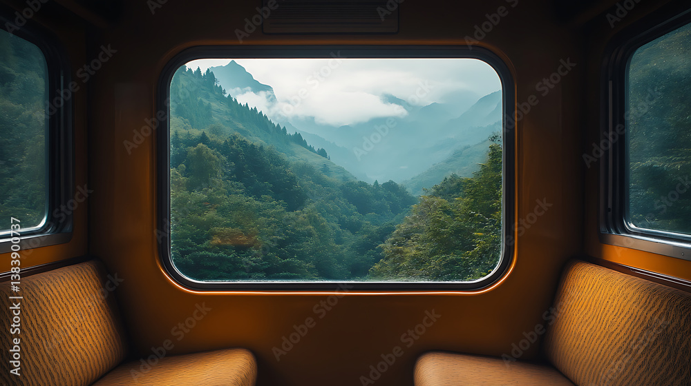 Poster a view from inside a train looking out the window, mountain and forest view