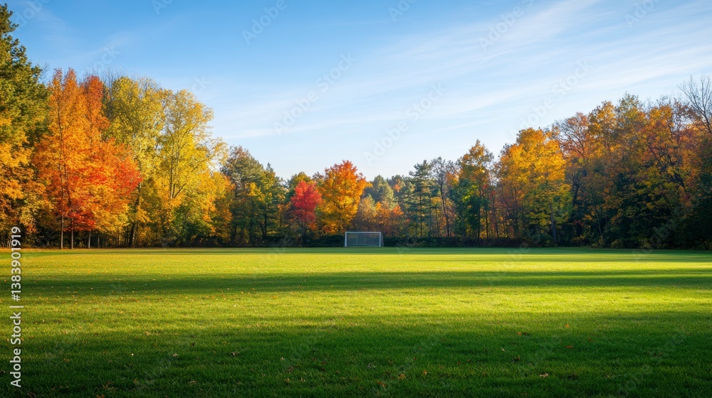 Poster lush green field with autumn trees and a blurred soccer goal in the background under a bright blue s