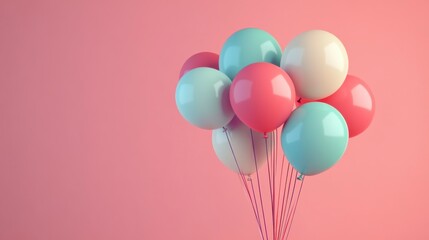 Pastel-colored balloons bunch on pink background.