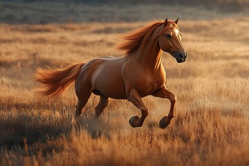 Fototapeta premium Majestic horse galloping through golden fields during sunset