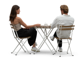 Beautiful and elegant couple sitting in a cafe seen from back angle isolated on transparent background
