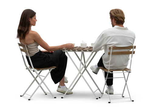 Beautiful and elegant couple sitting in a cafe seen from back angle isolated on transparent background