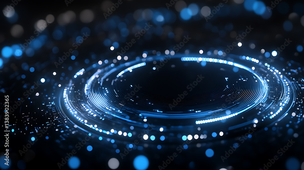 Poster Abstract structure of circuit board with glowing neon blue lines and dots, computer technology and business concept background