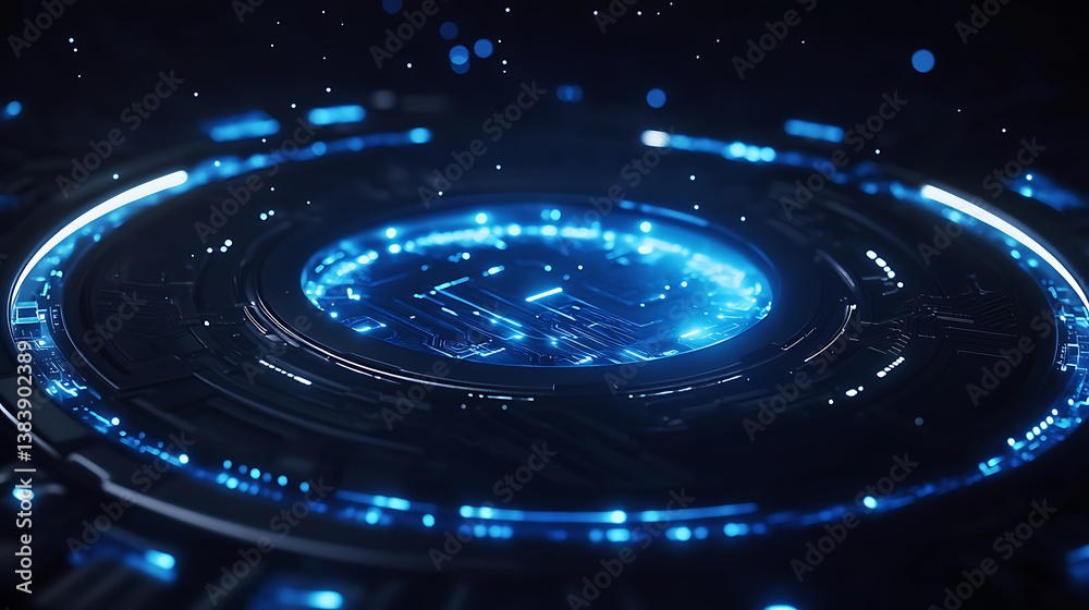 Poster Abstract structure of circuit board with glowing neon blue lines and dots, computer technology and business concept background