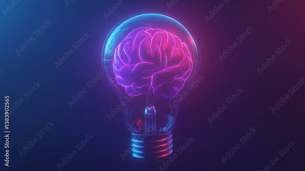 Poster abstract blue glowing light bulb with violet brains inside, low-poly style, abstract neon frame styl