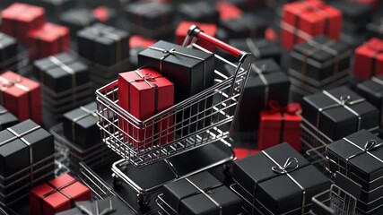 A shopping cart filled with red and black wrapped gifts stands out among a sea of presents in a bustling store. Holiday spirit fills the air as shoppers prepare for celebrations