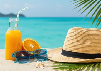 Beach scene with orange juice, sunglasses, hat, and orange slice on sand near the ocean water