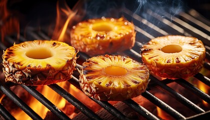 Grilled golden pineapple slices caramelize, boosting their sweetness for summer delight.