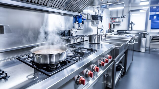 Cooking Pot Steaming on Stainless Steel Commercial Kitchen Stovetop
