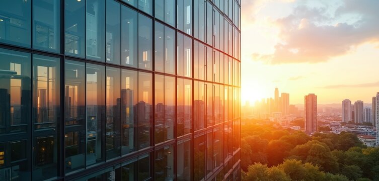 Modern glass building reflects vibrant sunset over city skyline. Stunning visual of urban life, promise of new day. Office windows mirror sky, trees, horizon. Real estate, financial district concept.