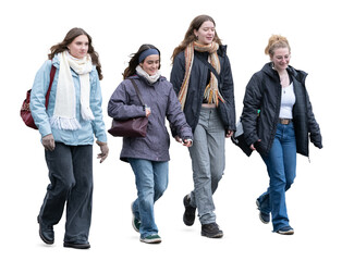 Group of young women walking together on a chilly autumn day and talking isolated on transparent...