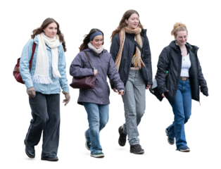 Group of young women walking together on a chilly autumn day and talking isolated on transparent background