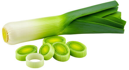 A fresh leek with green leaves and sliced rings on a black background in a studio close up shot view