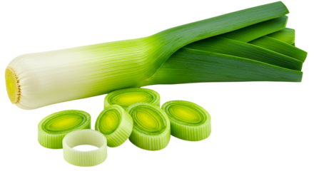 A fresh leek with green leaves and sliced rings on a black background in a studio close up shot view