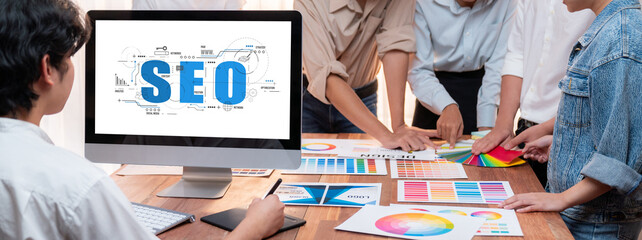 SEO search engine optimization for brisk e-commerce and online retail business showing on computer...