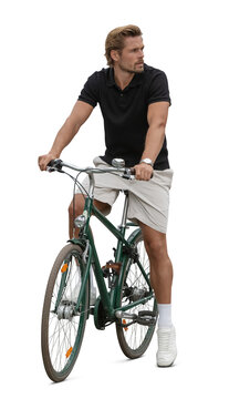 Handsome young man with a bike stopping and looking around isolated on transparent background