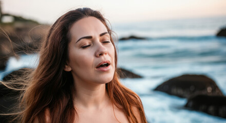 Young caucasian female enjoying sea breeze by the rocky shoreline