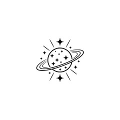 Fototapeta premium Minimalist Planet Icon with Stars: Modern Space Logo, Black & White