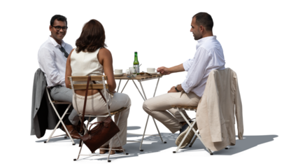Group of international friends meeting in a cafe and talking isolated on transparent background