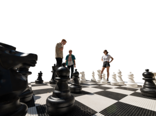 Three young people playing street chess. Low angle view and isolated on transparent background