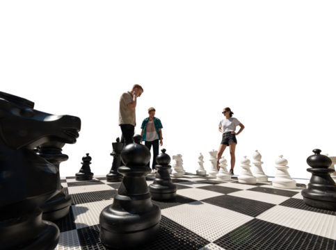 Three young people playing street chess. Low angle view and isolated on transparent background