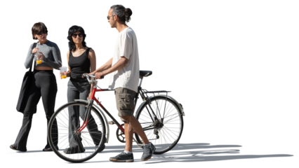 Multinational group of friends with a bicycle walking casually down the street and chatting isolated on transparent background