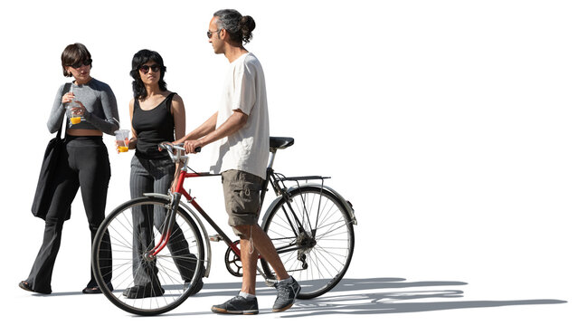 Multinational group of friends with a bicycle walking casually down the street and chatting isolated on transparent background