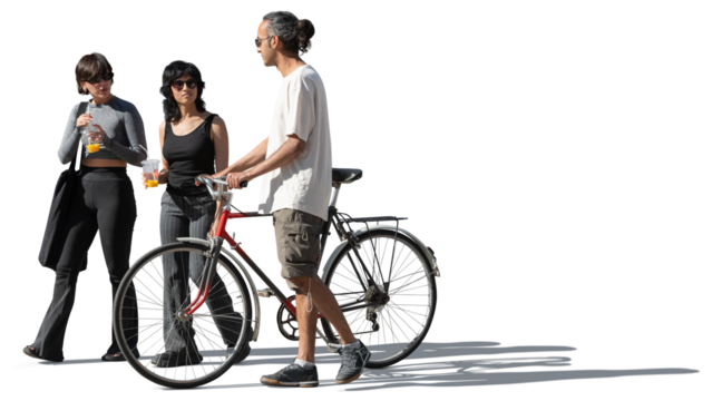 Multinational group of friends with a bicycle walking casually down the street and chatting isolated on transparent background