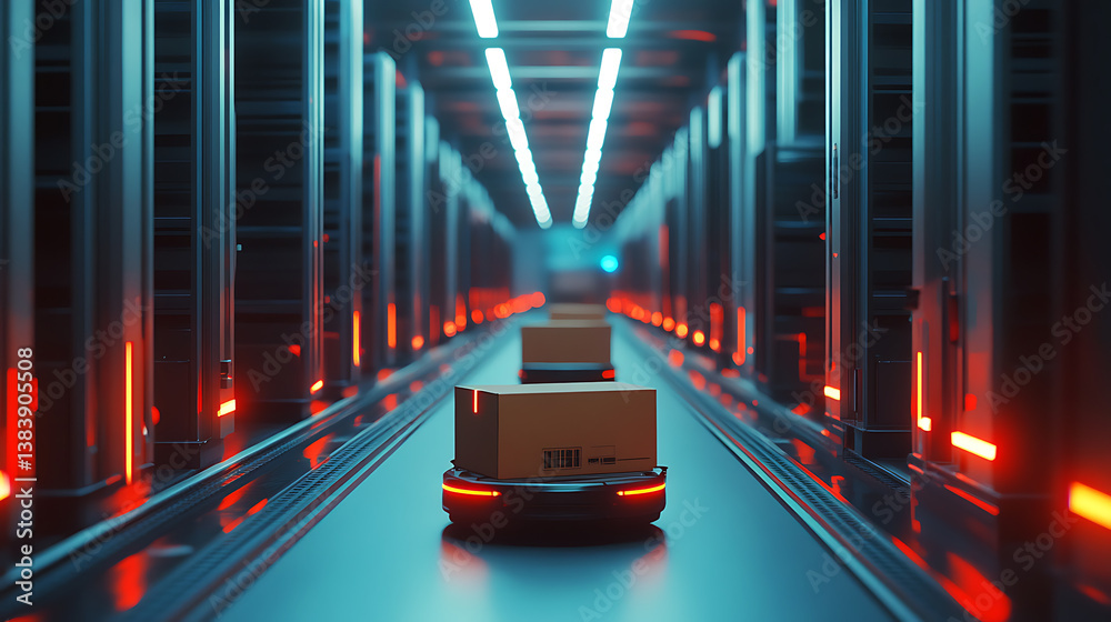 Poster future technology 3d concept automated retail warehouse agv robots delivering cardboard boxes in dis