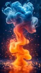 Mesmerizing Swirl of Blue and Orange Smoke with Glowing Particles

