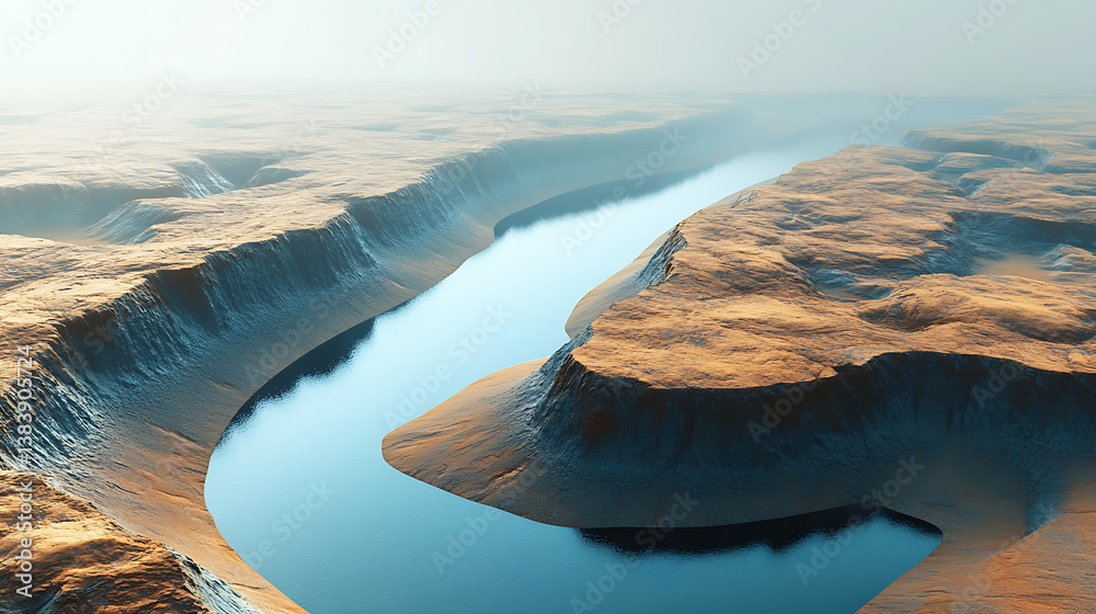 Aufkleber futuristic digital landscape with river passing trough metallic terrain landscape, abstract informat