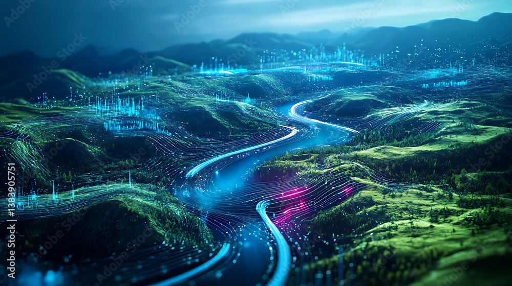 Aufkleber futuristic digital landscape with river passing trough metallic terrain landscape, abstract informat