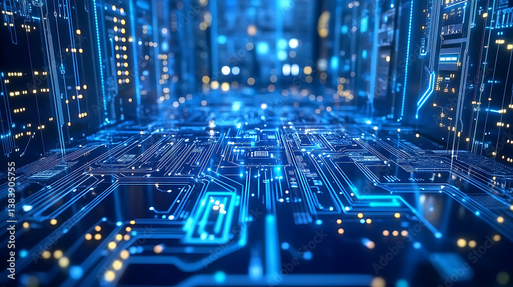 Poster Futuristic digital metropolis 3d rendered circuitry and motherboard visualizationinformation technology and internet of things hub with dynamic data flow animation