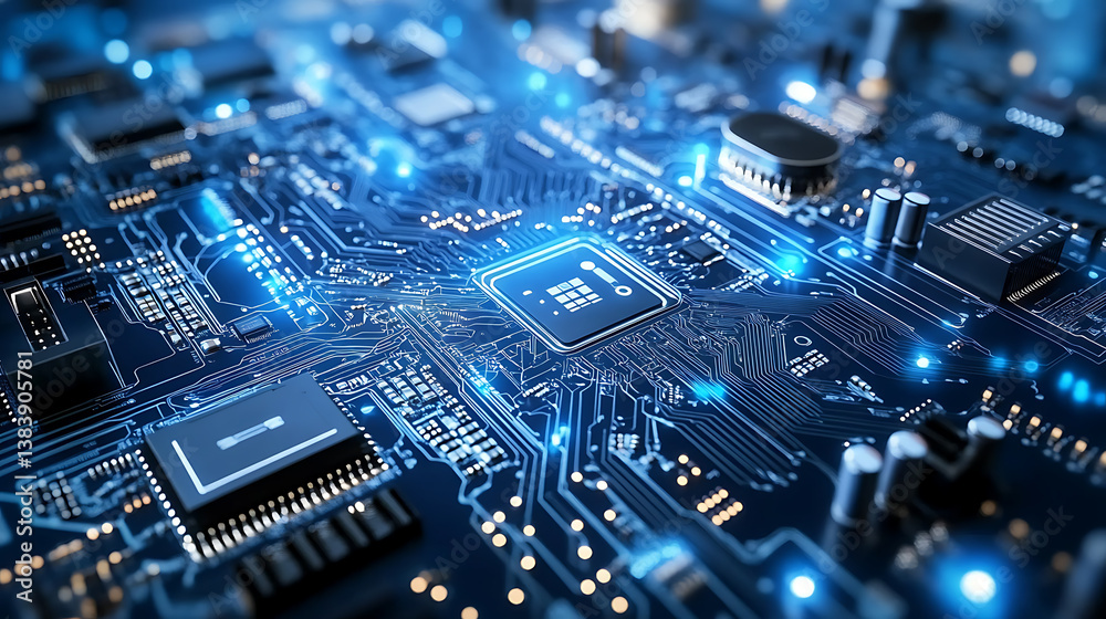 Poster Futuristic digital metropolis 3d rendered circuitry and motherboard visualizationinformation technology and internet of things hub with dynamic data flow animation