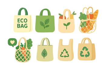 Collection of reusable eco bags with vegetables, leaves, and recycling symbols. Perfect for eco lifestyle themes.