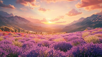 Lavender Field at Sunset with Mountain Backdrop and Colorful Sky