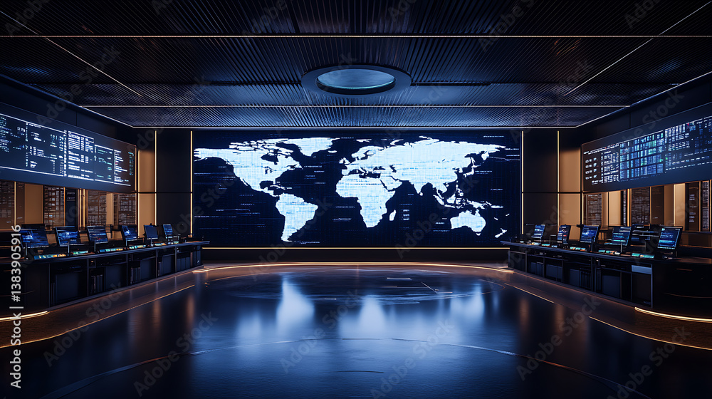 Poster Futuristic network monitoring center with digital world map and dynamic data visualization, command center and technology concept