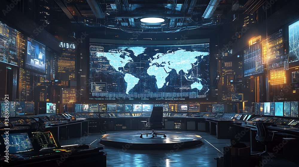 Aufkleber Futuristic network monitoring center with digital world map and dynamic data visualization, command center and technology concept