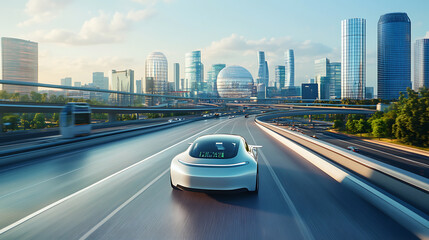 Futuristic self-driving car on a public highway in a modern city