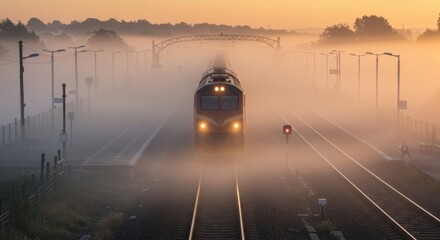 Fototapeta premium Train Emerging from Morning Mist - A train emerges from a misty morning landscape, creating a serene and atmospheric scene