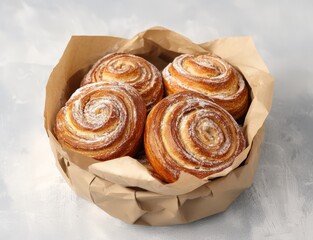 Fototapeta premium Delicious Homemade Cinnamon Rolls in a Brown Paper Bag