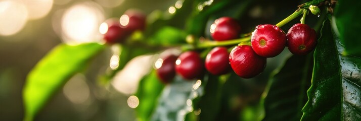 Obraz premium Ripe red coffee cherries glistening with dew in morning sunlight surrounded by green leaves
