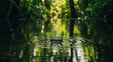 Obraz premium Tranquil Water Droplets and Ripples - Serene nature scene, water droplets splashing, concentric ripples expanding, lush green foliage backdrop. Symbolizing peace, tranquility, nature's rhythm