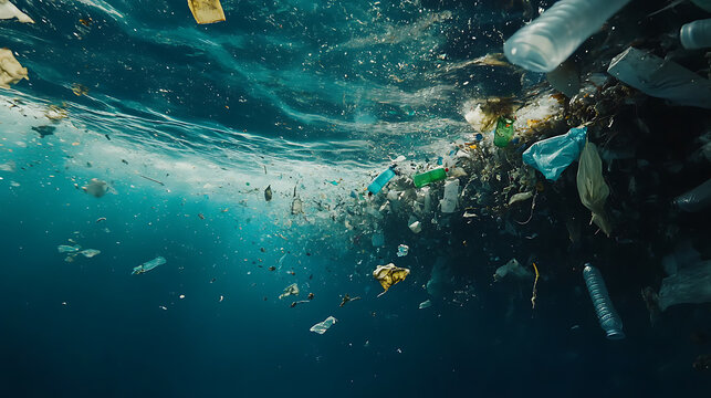 Garbage floating under water, ocean pollution with plastic bottles and garbage, environmental pollution consept