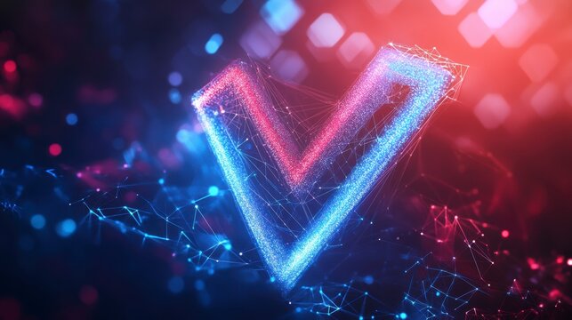 Abstract glowing checkmark symbol with connection lines and bokeh. - Powered by Adobe