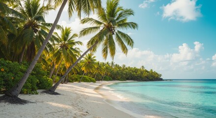 Tropical Beach Paradise - Stunning white sand beach, turquoise water, and lush palm trees create a perfect tropical getaway. Ideal for travel, vacation, and relaxation imagery